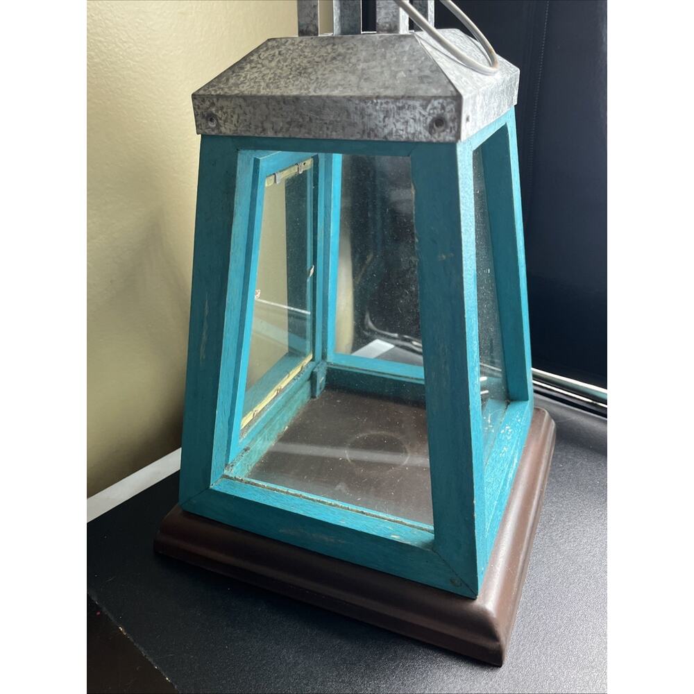 Rustic Teal Turquoise Heavy Metal Wood Ocean Coastal Lantern 12”x8” - Picture 5 of 7